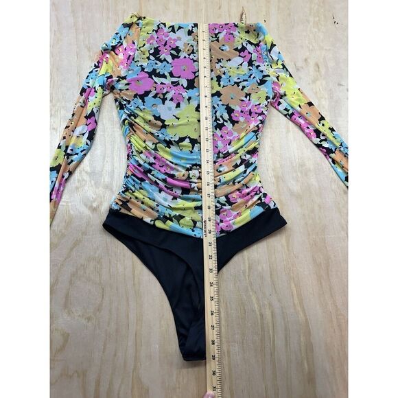 AFRM Bodysuit Colorful Floral M Mesh Runched Sheer Sleeves - Picture 5 of 6